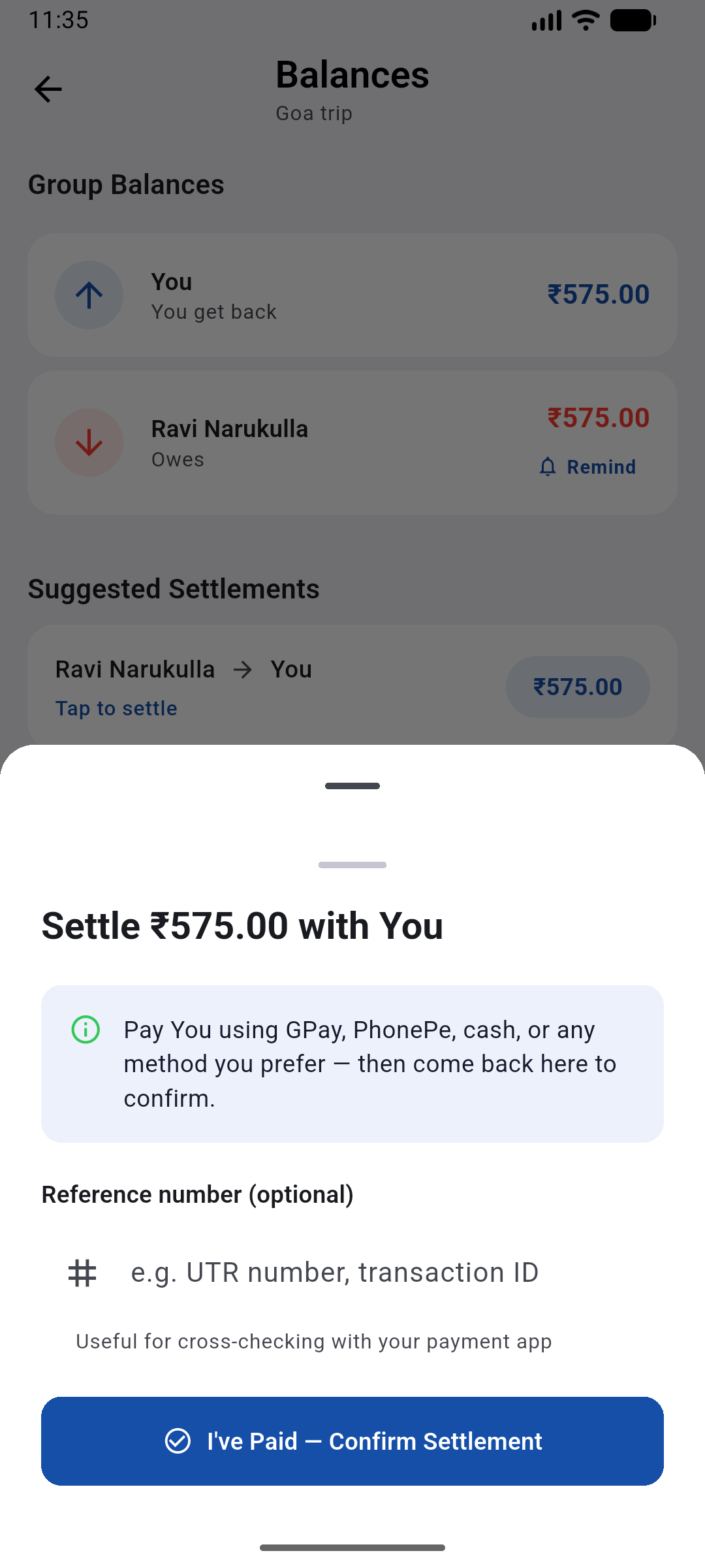 Settle expenses — confirm payment and close the balance